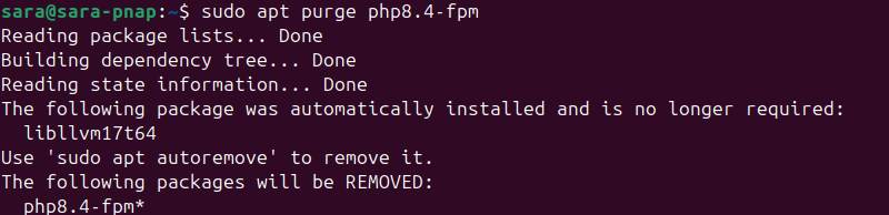 terminal output for sudo apt purge php8.4-fpm