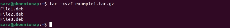 tar -xvzf example1.tar.gz terminal output