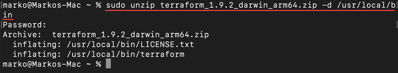 Unzip Terraform on macOS via the Terminal.