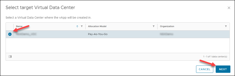 vApp creation target virtual data center UI