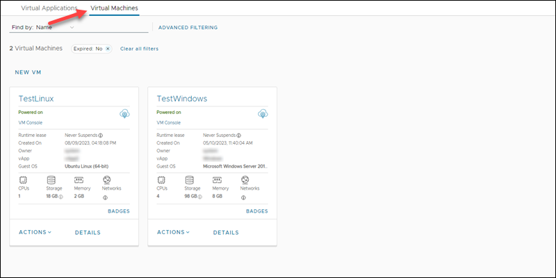 Virtual machines applications page UI