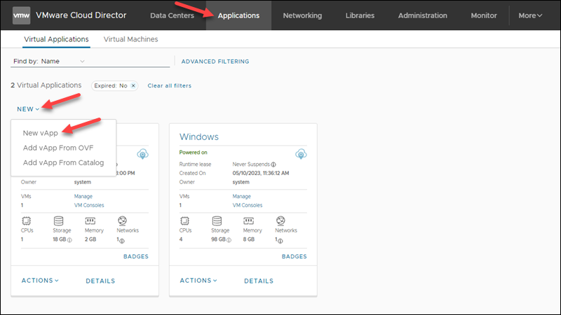 VMware Cloud Director UI applications new vApp