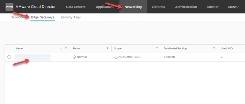 VMware Cloud Director UI Networking Edge Gateways