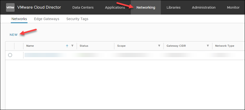 VMware Cloud Director UI Networking New Network button