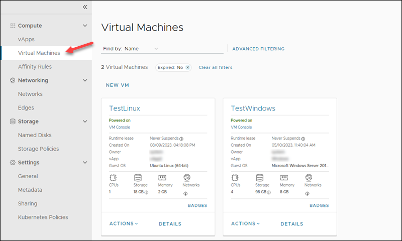 VMware Cloud Director VMs list