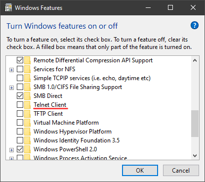 Windows Features list with Telnet Client