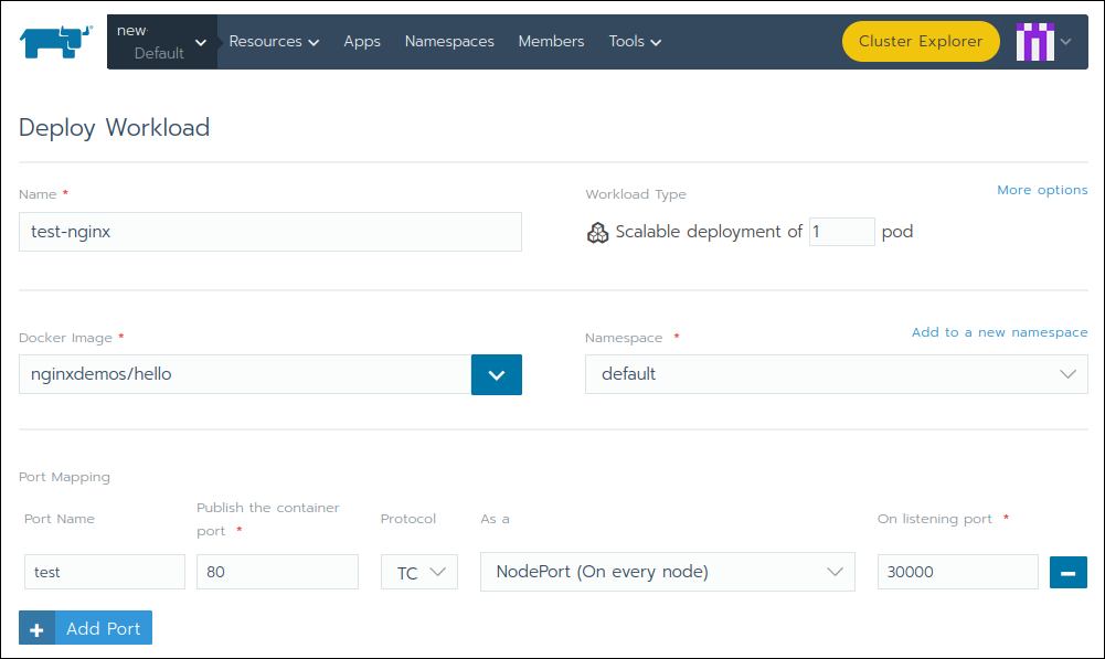 The Deploy Workload page in Rancher